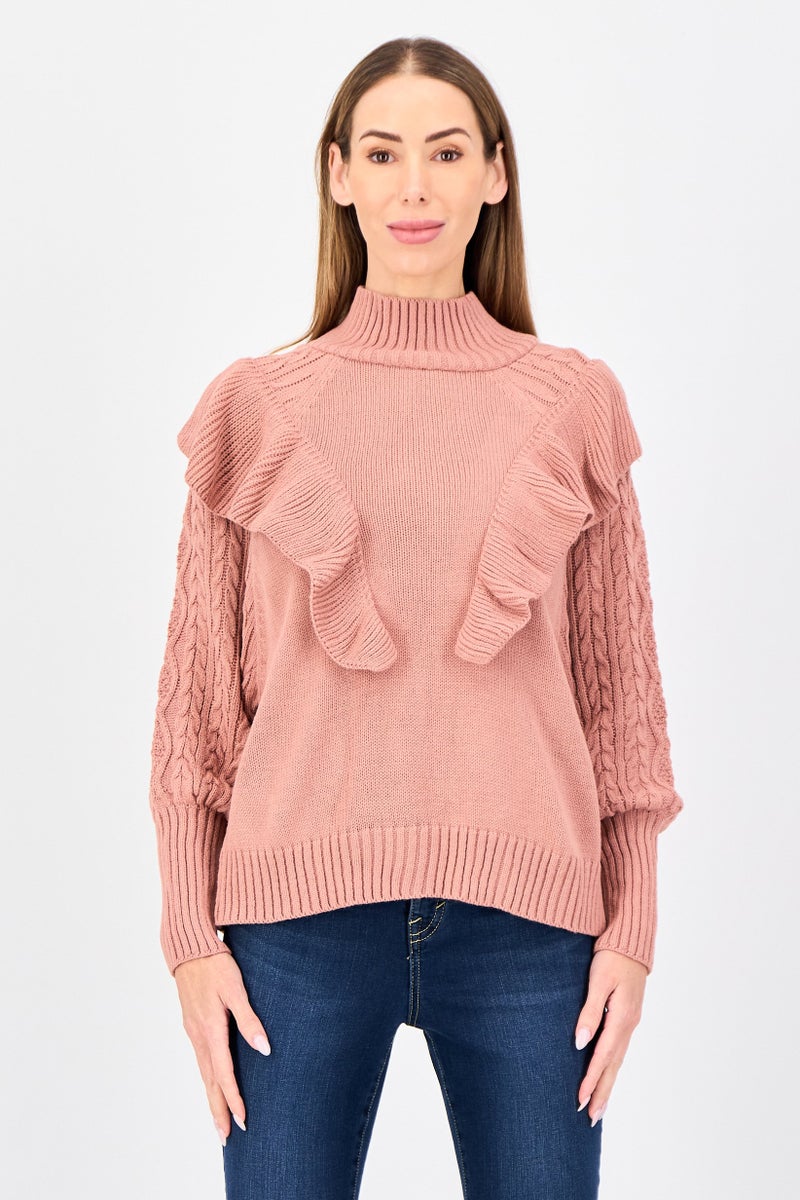 trendyol Women Mock Neck Long Sleeve Knitted Sweater, Dusty Rose - Image 1
